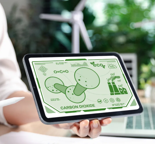 Osoba pokazuje tablet z panelem statystyk