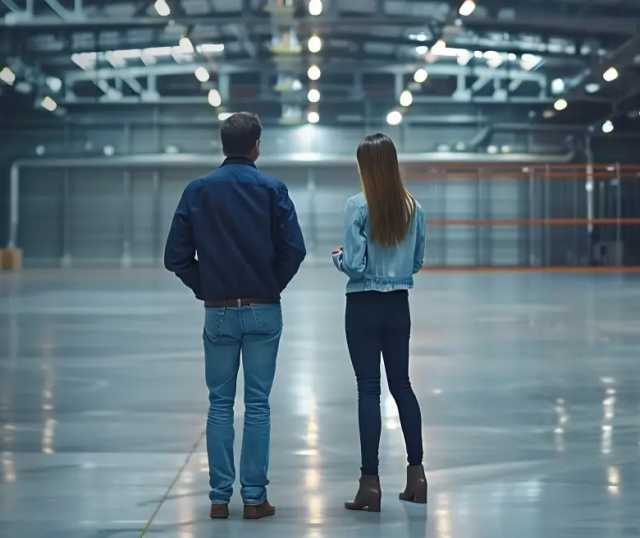 slider - energia elektryczna prosto z rynku elastycznie, dwoje ludzi stoi w oświetlonym magazynie