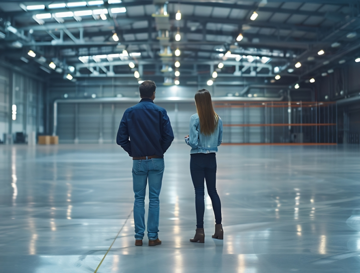 energia elektryczna prosto z rynku elastycznie, dwoje ludzi stoi w oświetlonym magazynie