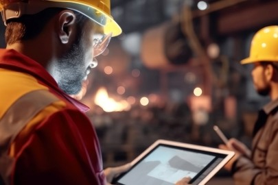 audytor z tabletem na hali produkcyjnej