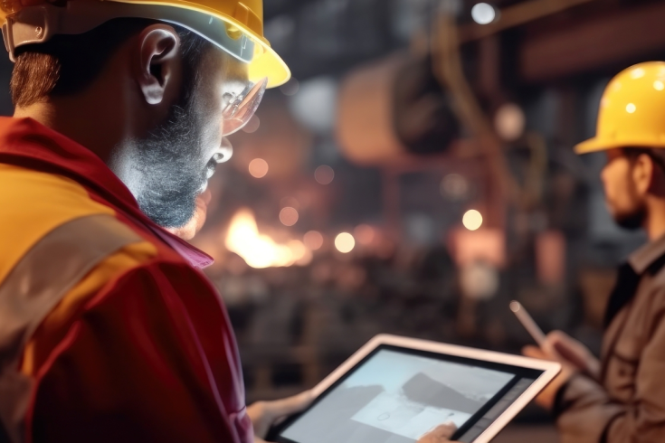 Mężczyzna trzymający tablet na tle hali produkcyjnej