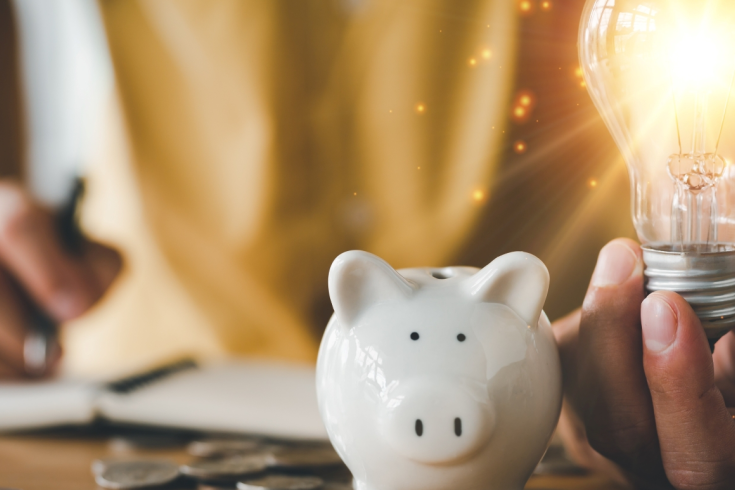 Świecąca się żarówka i świnka skarbonka