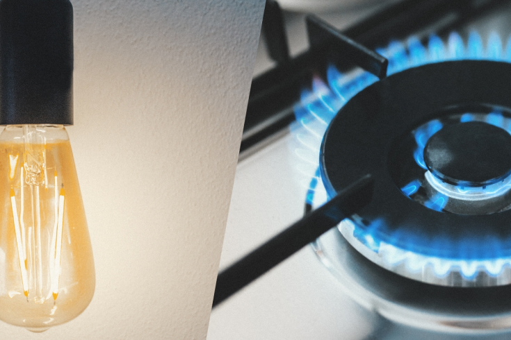 Po lewej stronie zapalona żarówka, po prawej palnik gazowy
